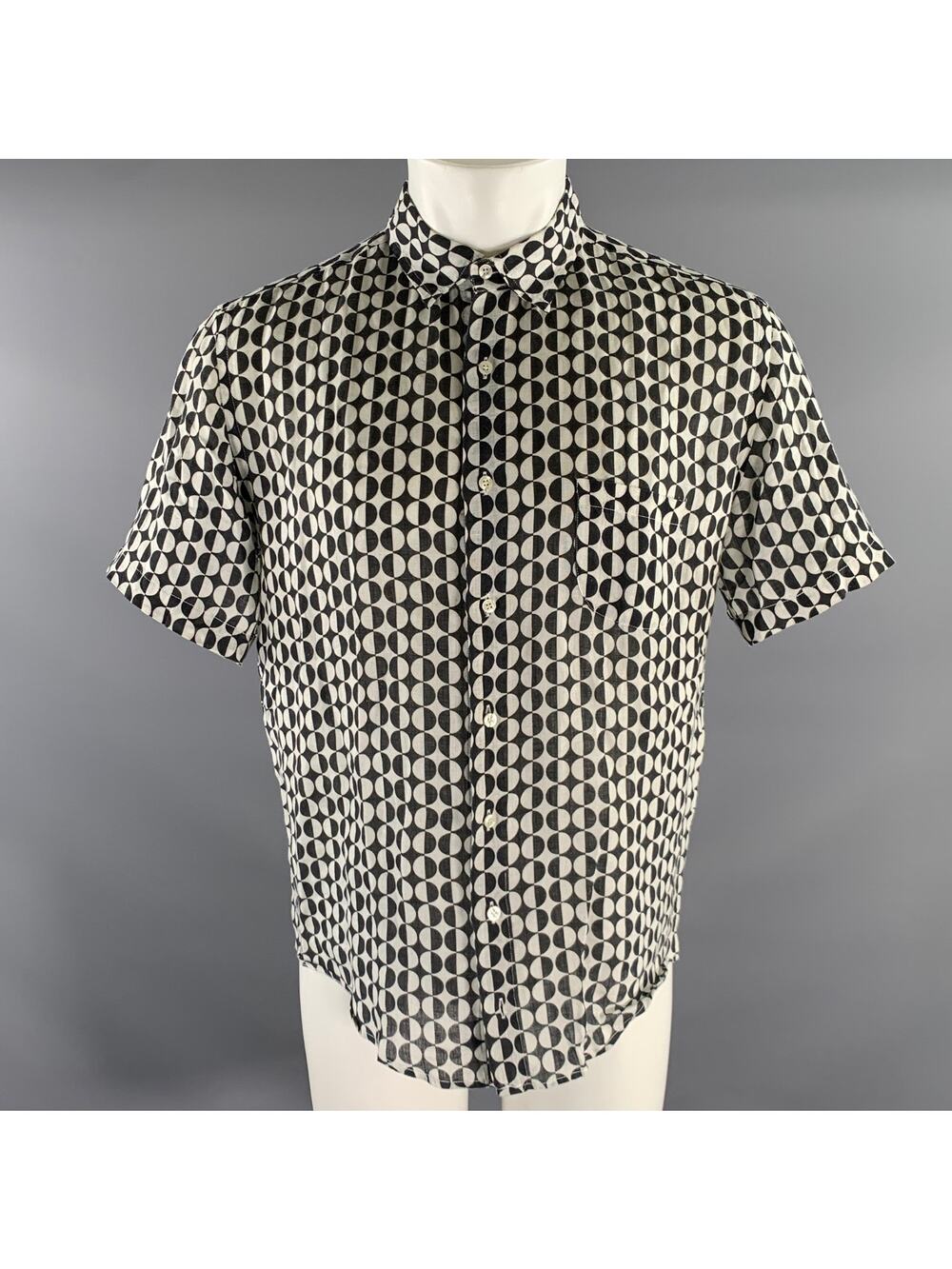 PENINSULA Size XL White Black Geometric Linen Short Sleeve Shirt